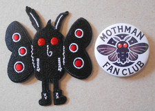 Listing image for Mothman Fan Club Badge 43mm & Iron On Patch Cryptid Monster Embroidered 85mm Pin