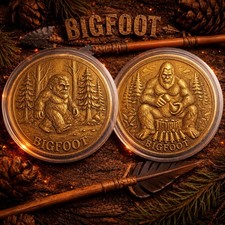 Listing image for Bigfoot Brass Collectible Coin 1.5” - Commemorative Sasquatch Challenge Coin.