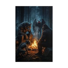 Listing image for Cryptids Campfire Poster, Creepy Forest Wall Art Print, Gothic Decor