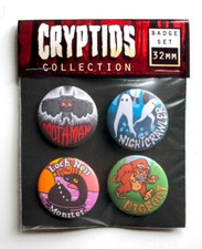 Listing image for Cryptids Cryptozoology, badge set of 4x 32mm metal pin back buttons. folklore