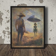 Listing image for Vintage COWBOY ALIEN ABDUCTION UFO Wall Art, Western Sci-fi Decor Cryptid Poster