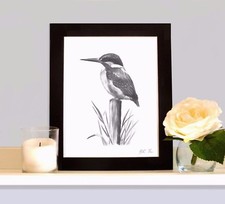 Listing image for KINGFISHER Wildlife Art Print Drawing Bird Picture MOUNTED Present Gift Sale