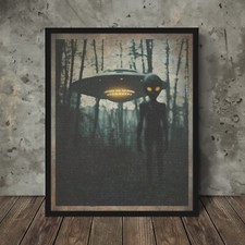 Listing image for Vintage UFO Alien FOREST Wall Art, Cryptid Halloween Decor, Sci-fi Nature Poster