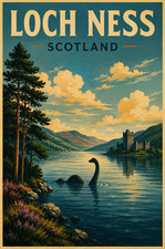 Listing image for Loch Ness Scotland Vintage Travel Lake Monster Poster Print Framed Canvas Art