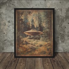 Listing image for Vintage UFO ALIEN FOREST Wall Art, Cryptid Botanical Decor, Sci-fi Flower Gift