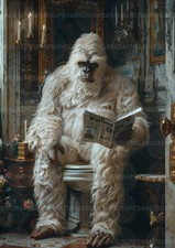 Listing image for Funny Yeti Art Print Bathroom Decor Bigfoot Reading Newspaper Cryptid Humor M47